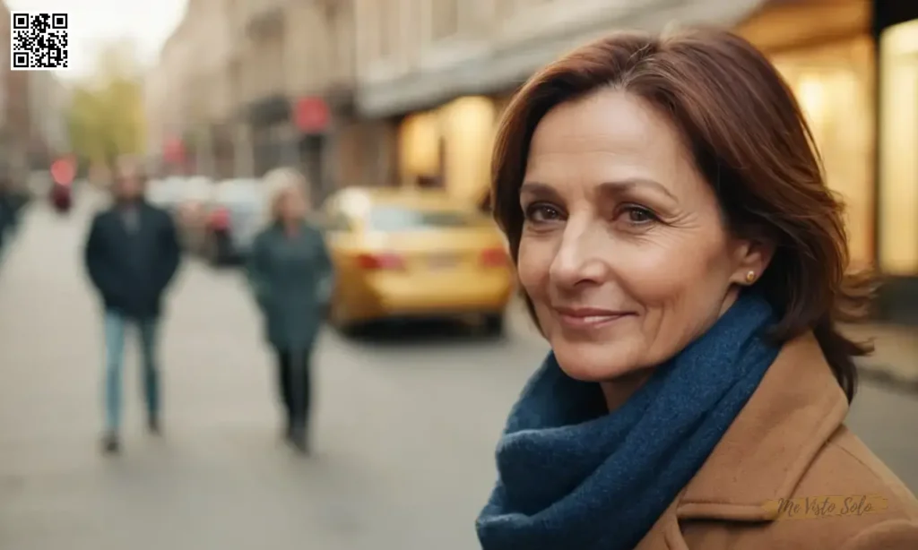 Una mujer de mediana edad con mirada introspectiva y una sonrisa cálida transmiten profundidad emocional en medio de un entorno urbano borroso.