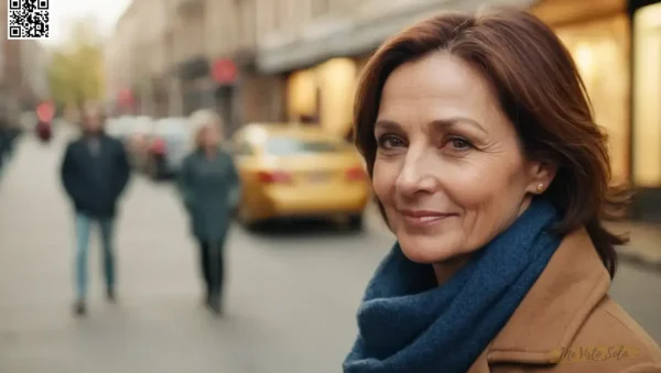 Una mujer de mediana edad con mirada introspectiva y una sonrisa cálida transmiten profundidad emocional en medio de un entorno urbano borroso.