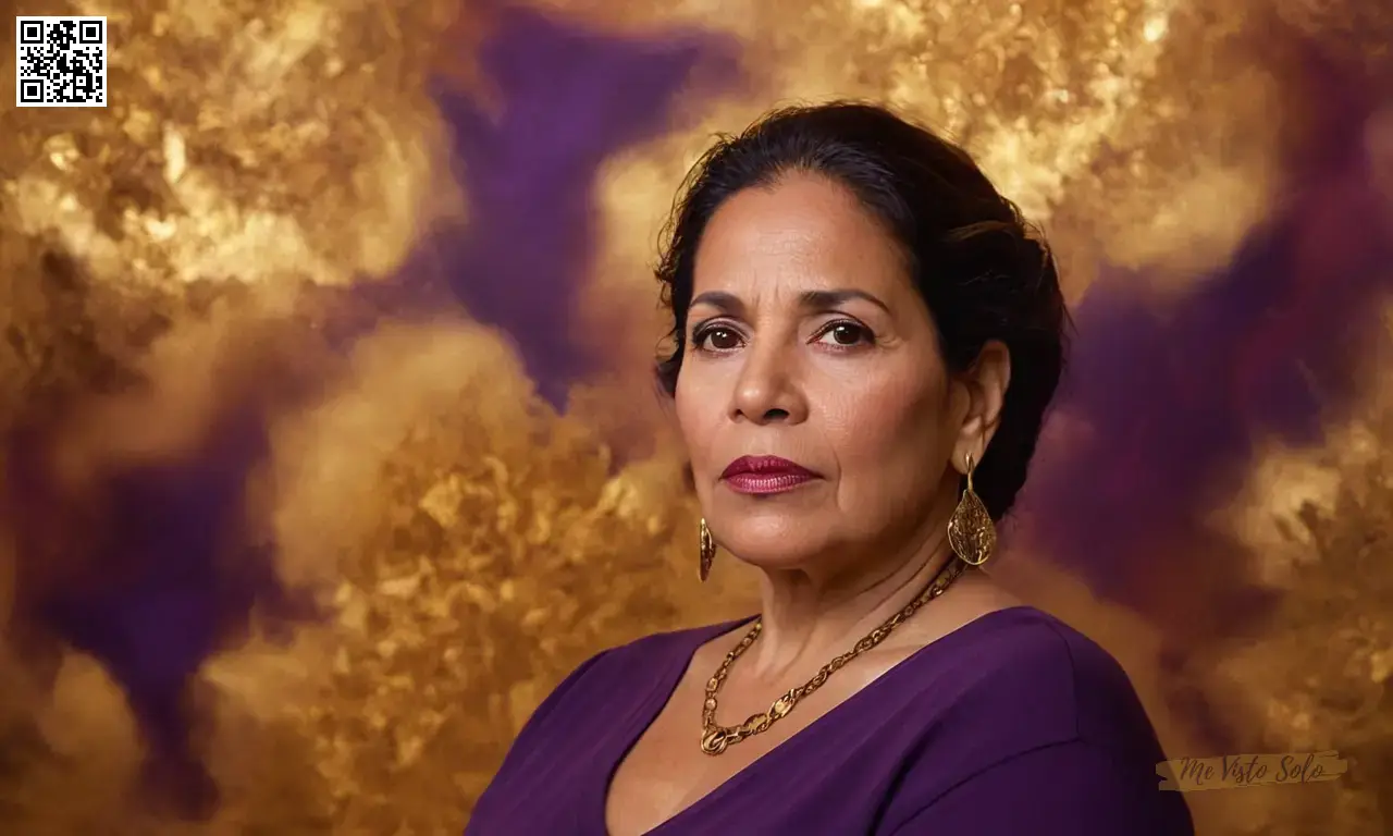 Una sabia mujer hispana de mediana edad captura a su público con una mirada pensiva en medio de nubes de oro y profundos tonos púrpuras en un fondo abstracto.