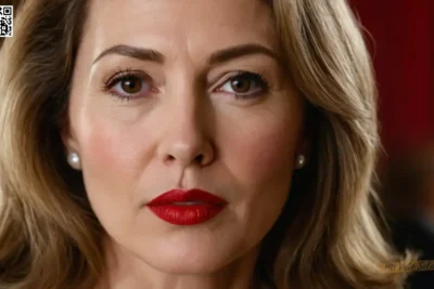 Realiza un retrato ultra-realista centrado en una expresión de mujer madura y textura de piel con labios rojos vibrantes mientras se encuentra con la mirada de los espectadores.