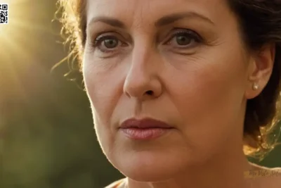 Una mujer enigmática de mediana edad con ojos profundos y piel tostada por el sol muestra su nariz y labios abiertos