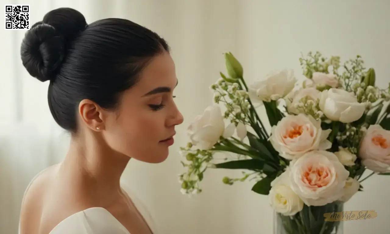 Un retrato de cerca muestra a una mujer envolviendo sin esfuerzo su elegante pelo negro en un elegante búnbano bajo con una expresión serena y enfocada. El fondo es una vida todavía minimalista de flores delicadas en el primer plano subtly insinuando su confianza a través del juego de luces a través de su cara mientras las sombras suaves bailan desde arriba, enfatizando tanto su calma contentamiento y sofisticación sutil.