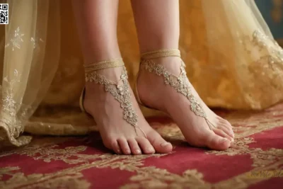 Retrato infrarrojo de princesa diminuta en tacones altos y elaborado vestido de bola con sombras de iluminación dramática en calzado intrincado y telas delicadas.