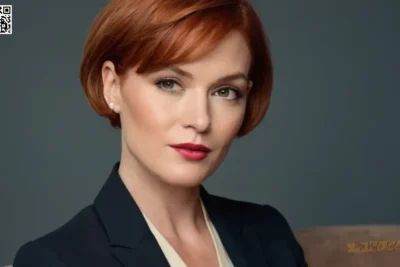 Un retrato hiperrealista muestra características formales y casuales de icono de estilo con pelo rojo corto