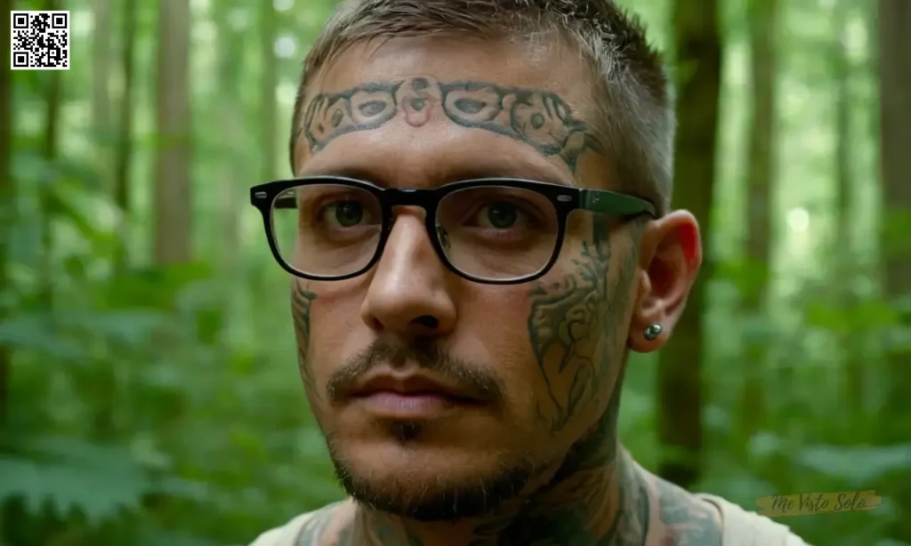 Un retrato fotorrealista muestra a un hombre inspeccionado con tatuajes intrincados y ojos penetrantes; su visaje templado se encuentra orgullosamente en medio del exuberante cañón del bosque