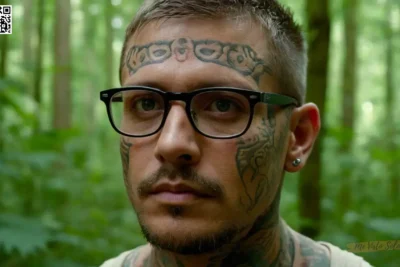 Un retrato fotorrealista muestra a un hombre inspeccionado con tatuajes intrincados y ojos penetrantes; su visaje templado se encuentra orgullosamente en medio del exuberante cañón del bosque