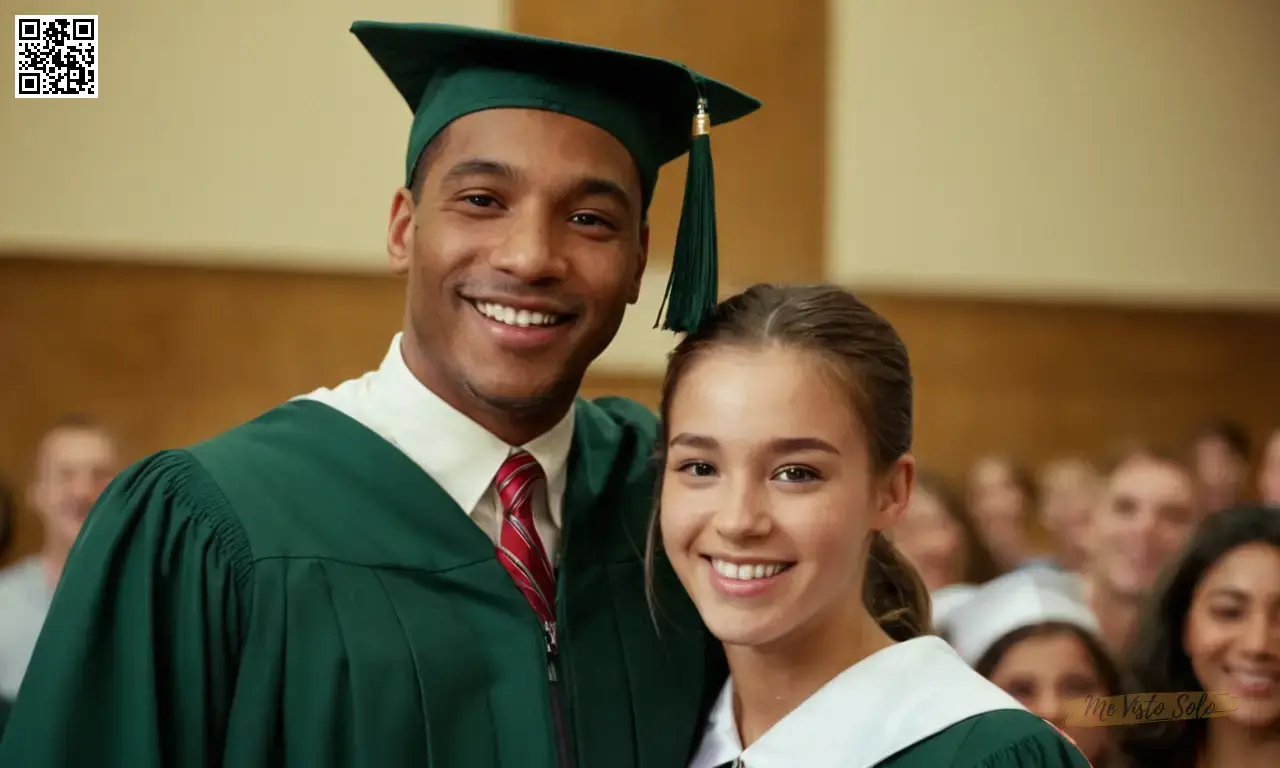 Un graduado de secundaria posando orgulloso y sonriendo con un padre orgulloso en el fondo.