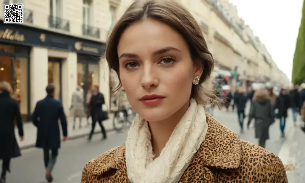 Realizar una fotografía de retrato ultra-realista capturando la esencia de las modas europeas con un enfoque suave en telas intrincadamente detalladas y elegantes accesorios contra un entorno lujoso en el emblemático bulevar de París Haussmann.