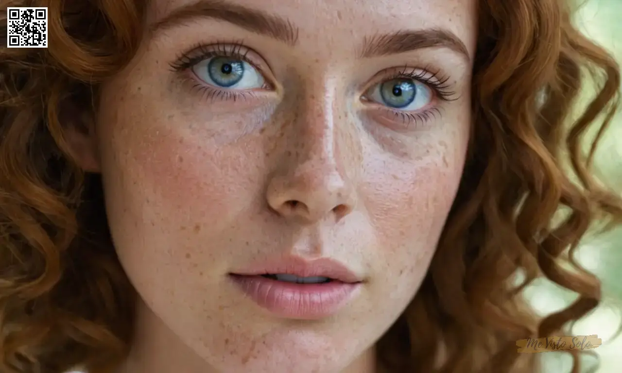 Un retrato de una vista intrigante de bichos muestra mejillas rosas suaves y ojos azules suaves con pecas finas adornando su piel de oliva; delicadas hebras de pelo rizado auburn enmarcando esta belleza natural.