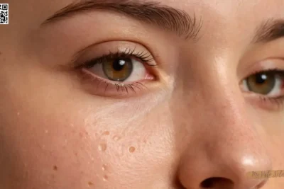 Un retrato de cerca muestra imperfecciones acnes y poros con textura de piel detallada