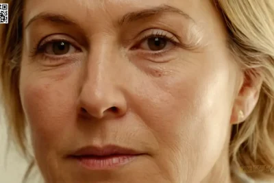 Un retrato hiperrealista de una mujer de mediana edad con poros abiertos y arrugas suaves alrededor de sus ojos exude la sabiduría profunda alcanzada a través de tratamientos de renovación de la piel. Su mirada penetra en la cámara como bailes de luz natural a través de su cara mezclado perfectamente en una tez radiante. Sombras suaves resaltan líneas finas