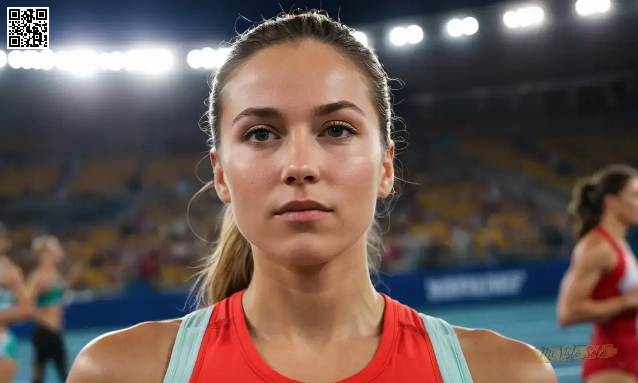 Una fotografía de retrato fascinante muestra a un atleta intrépido y elegante pasando de una postura dinámica a la contemplación serena en medio de un vibrante escenario de eventos llenos de acción, destacando la sutil interacción entre determinación y tranquilidad a través de su mirada reflexiva que refleja tanto la resolución interna como la profunda reflexión.