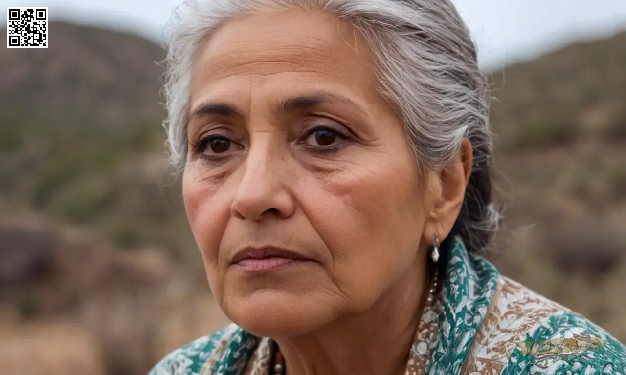 Un retrato fotorrealista muestra a una mujer mexicana mayor con ojos castaños cálidos y piel suave, su pelo estriado plateado suavemente enmarcando su cara mientras mira con reflexión hacia el horizonte desde una perspectiva de visión única de los bichos.