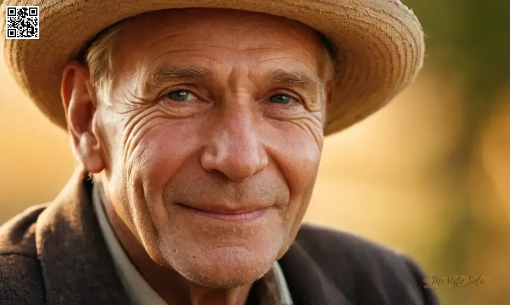 Un retrato de un hombre arrugado con un sombrero climatizado y una sonrisa consciente revela sus ojos mirando desde debajo de la tela gastada. Su arrugada visage está iluminada por una cálida luz de puesta del sol