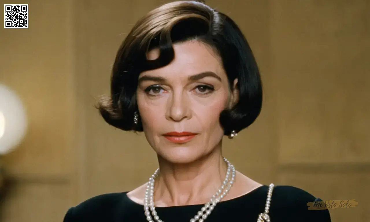 Un retrato cercano de Coco Chanel a la altura de su carrera con piel suave y corte de pelo elegante contra el elegante vestido negro.