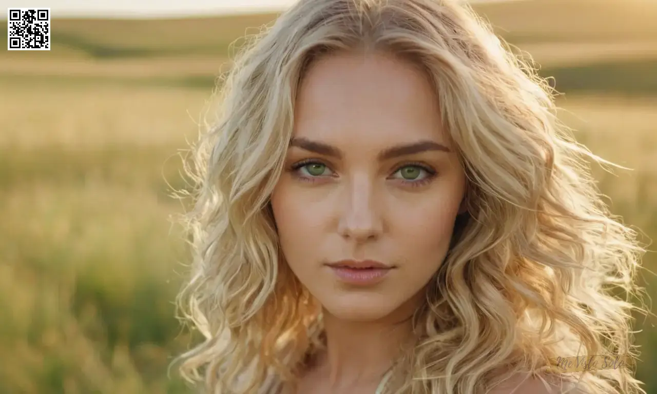 Una fotografía de retratos altamente detallada muestra un modelo de ojos verdes fascinantes y de pelo blanqueado por el sol en cascada en ondas sueltas, de pie en medio de un paisaje de pradera antigua simbolizando la libertad y el caos como suave luz dorada baña sus delicadas características.