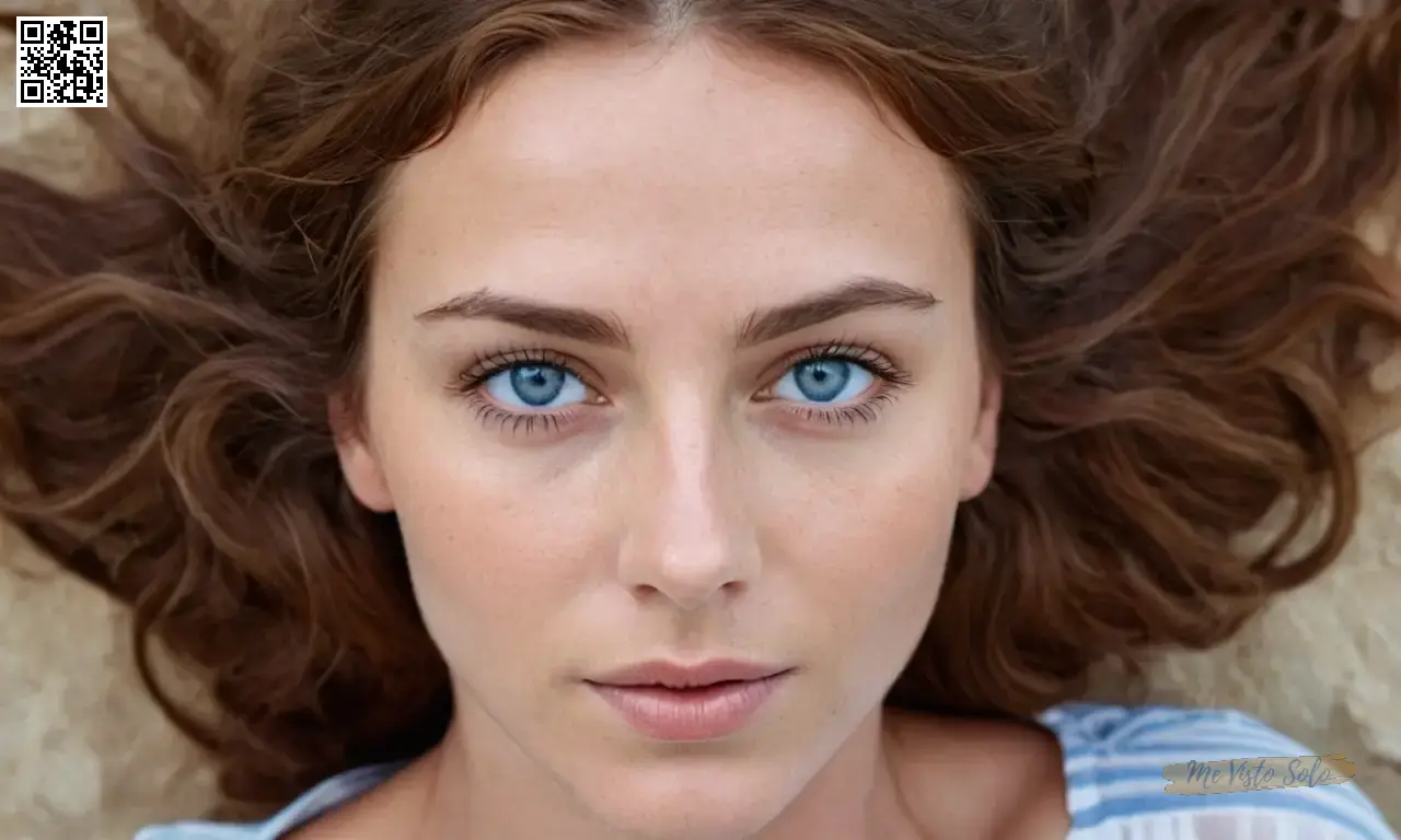 Una mujer portuguesa serena con ojos azules vibrantes y pelo castaño ondulado se retrata delicadamente desde una vista de ojo de pájaro, su piel radiante como refleja en la fuerza interior en medio de sutiles toques de vulnerabilidad. La fotografía ultrarealista capta la profundidad emocional cruda.