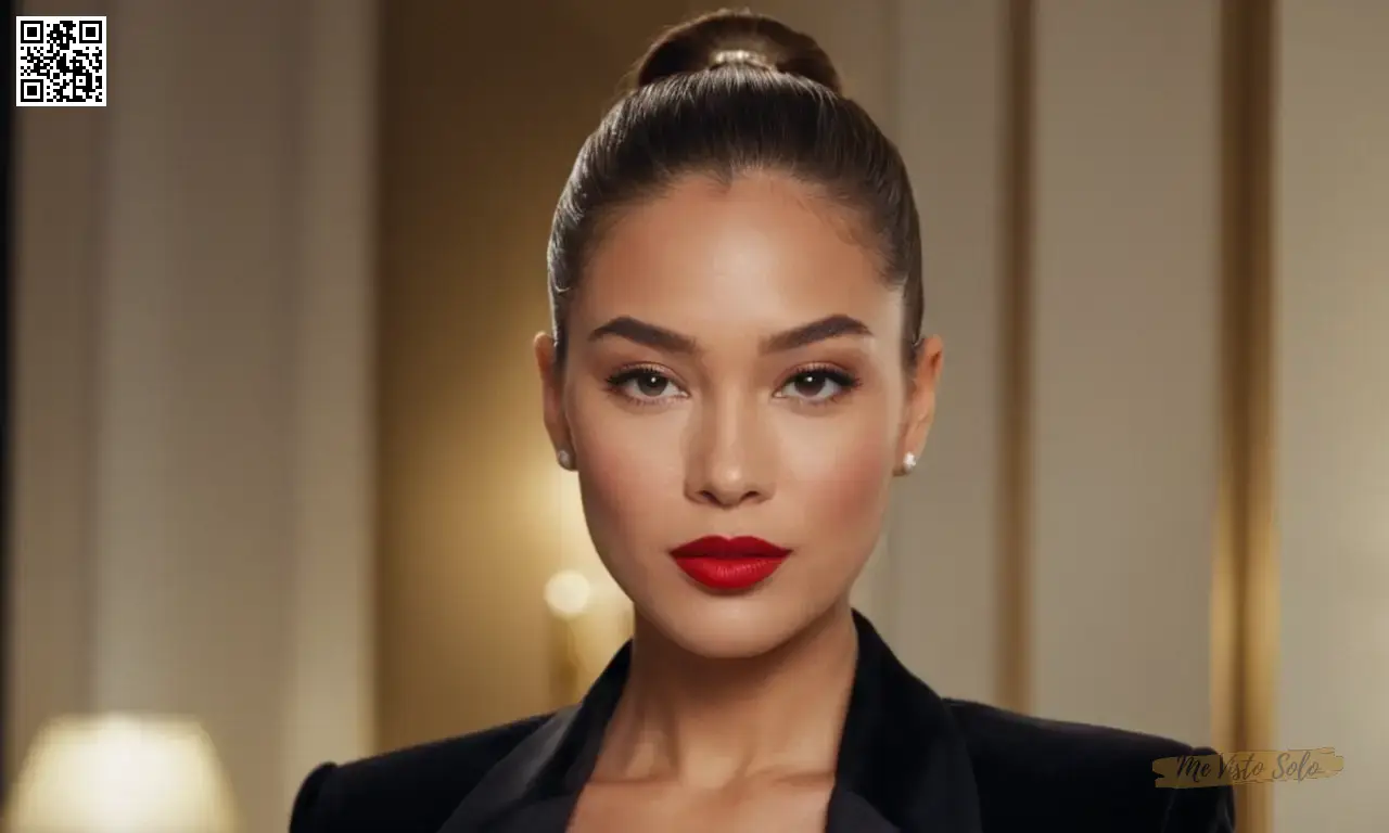 Un retrato de mujeres elegantes mostrando su traje de moda con lápiz labial rojo audaz y elegante cola de caballo baja. El fondo muestra ricas texturas de terciopelo mientras mantiene un ambiente íntimo pero sofisticado a través de la iluminación ambiente suave que acentúa con gracia los detalles faciales de los sujetos.