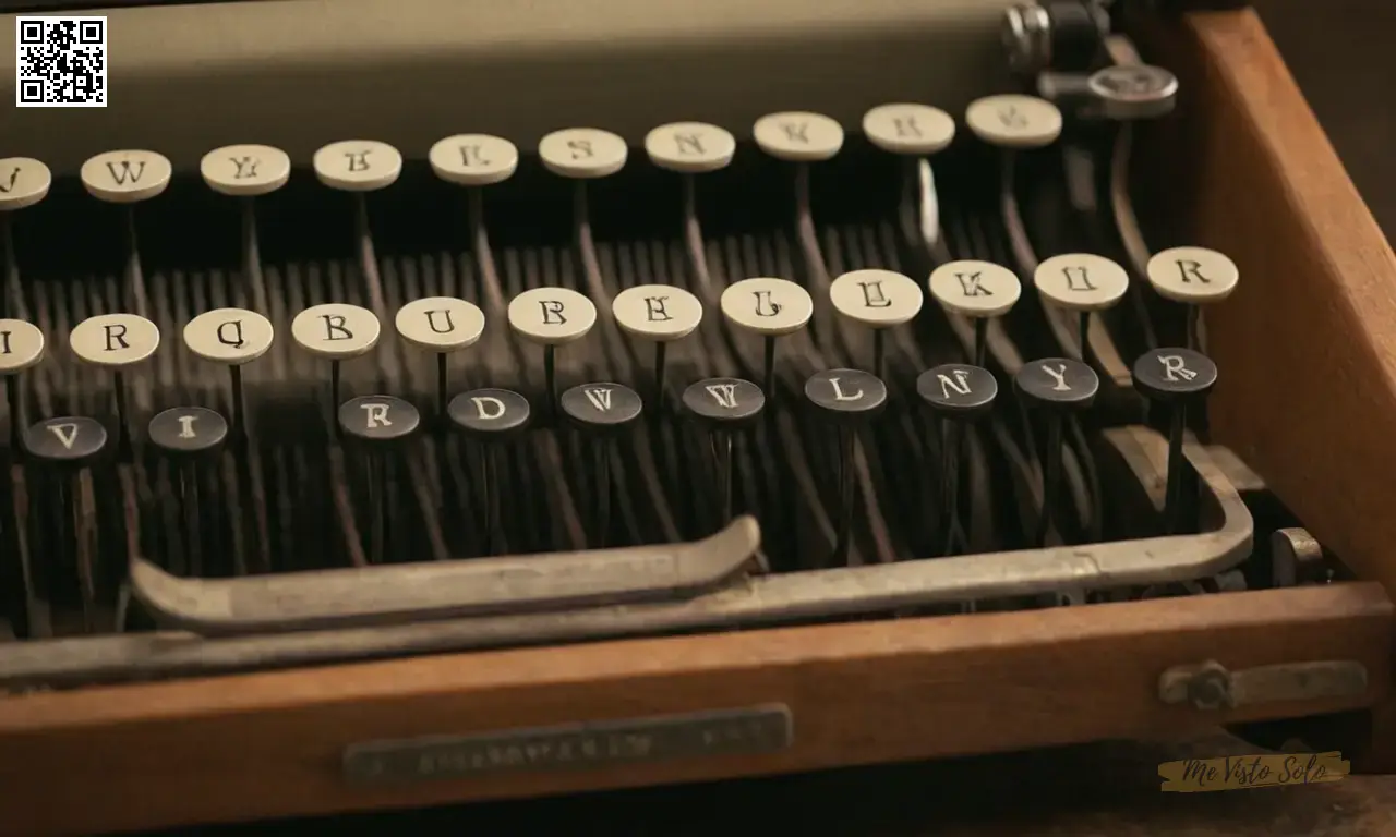 Un retrato de cerca muestra arte de línea intrincada en un teclado de máquina de escribir antiguo contrastando letras negras agudas contra un fondo gradiente de tinta sutil.