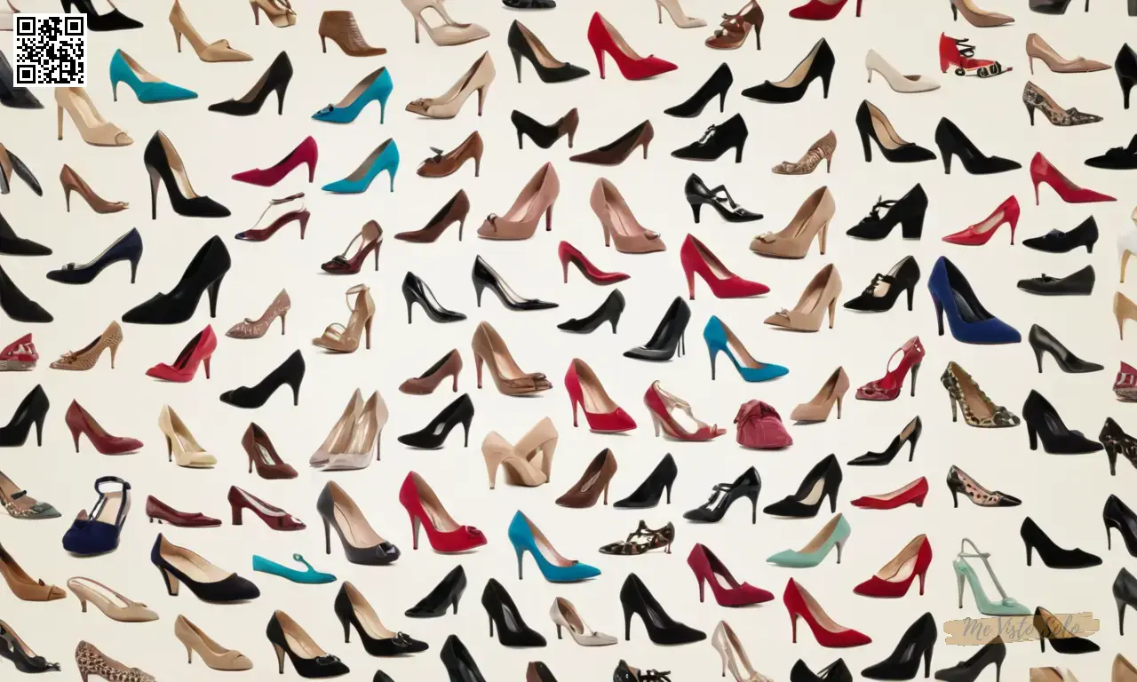 Una imagen visualmente atractiva con 50 tipos diferentes de zapatos en varios estilos y colores, cada uno con su diseño único o característica resaltada por sombras suaves que añaden profundidad a la composición. Este collage muestra una gama de diseños casuales y cómodos a opciones más formales como estilettos de tacón alto y elegantes bombas, todas capturadas desde una perspectiva de nivel ocular donde los espectadores miran hacia arriba.