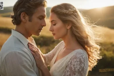 Un retrato fotorrealista de doble exposición muestra una pareja templada pero radiante que encarna una fusión eterna donde sus rostros serenas se fusionan perfectamente con los paisajes etéreos debajo de ellos. La luz suave y dorada de un sol distante envuelve alrededor de estos sujetos