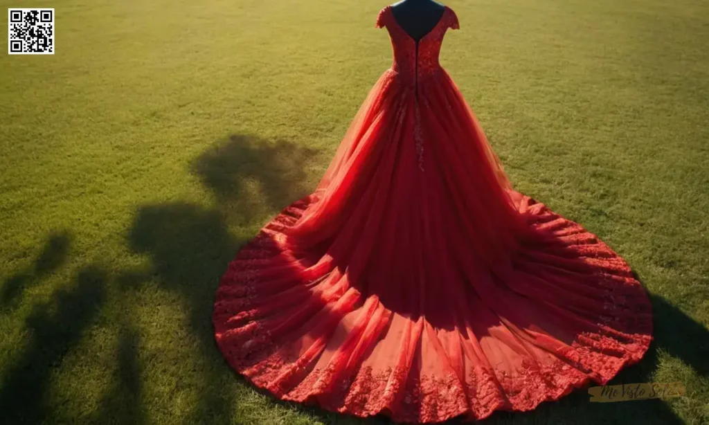 Un vibrante vestido de novia roja se destaca contra la cálida luz solar y las sombras dramáticas en este retrato hiperrealista capturando los detalles intrincados.