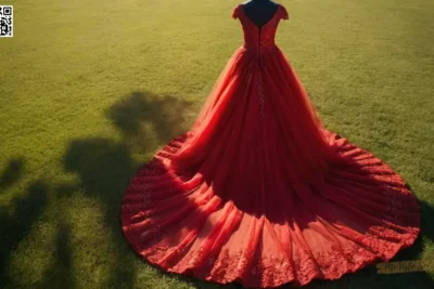 Un vibrante vestido de novia roja se destaca contra la cálida luz solar y las sombras dramáticas en este retrato hiperrealista capturando los detalles intrincados.