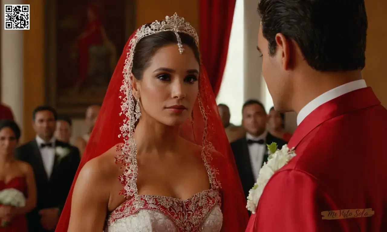 Un impresionante retrato fotorrealista representa a una novia elegante adornada con una bata de todo rojo durante sus votos de boda en medio de un entorno tradicional latinoamericano.