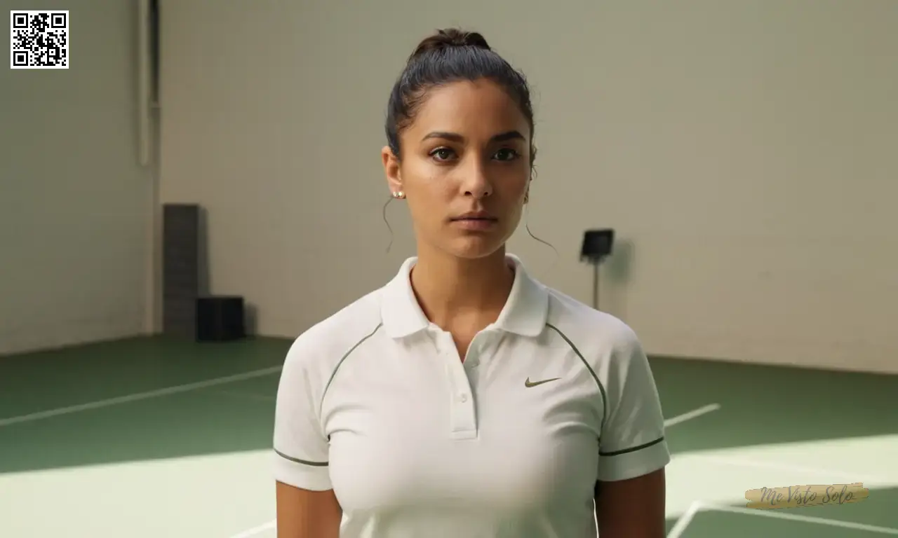 Una camiseta amarilla vibrante y calcetines púrpuras destacan contra un elegante uniforme de tenis negro para enfatizar la individualidad en medio de la conformidad.