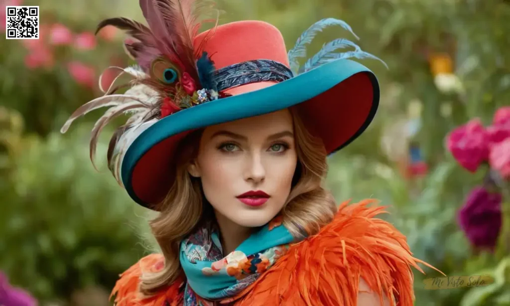 Un editorial de moda vibrante que muestra accesorios eclécticos como sombreros adornados con plumas