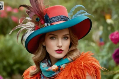 Un editorial de moda vibrante que muestra accesorios eclécticos como sombreros adornados con plumas