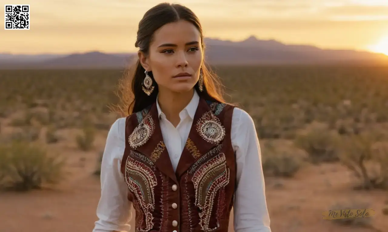 Un retrato vibrante muestra a una mujer adornada en un elegante chaleco occidental a medida en medio de la ardiente puesta de sol del desierto, revelando su profundo vínculo con la tierra y la cultura a través de detalles intrincados de ropa inspirados en la antigua moda indígena americana.