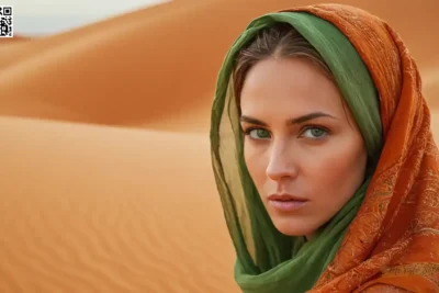 Un intenso retrato de cerca captura una expresión enigmática de las mujeres entre las arenas del desierto y las estrellas distantes. Su cara emerge del borrón como un espejismo