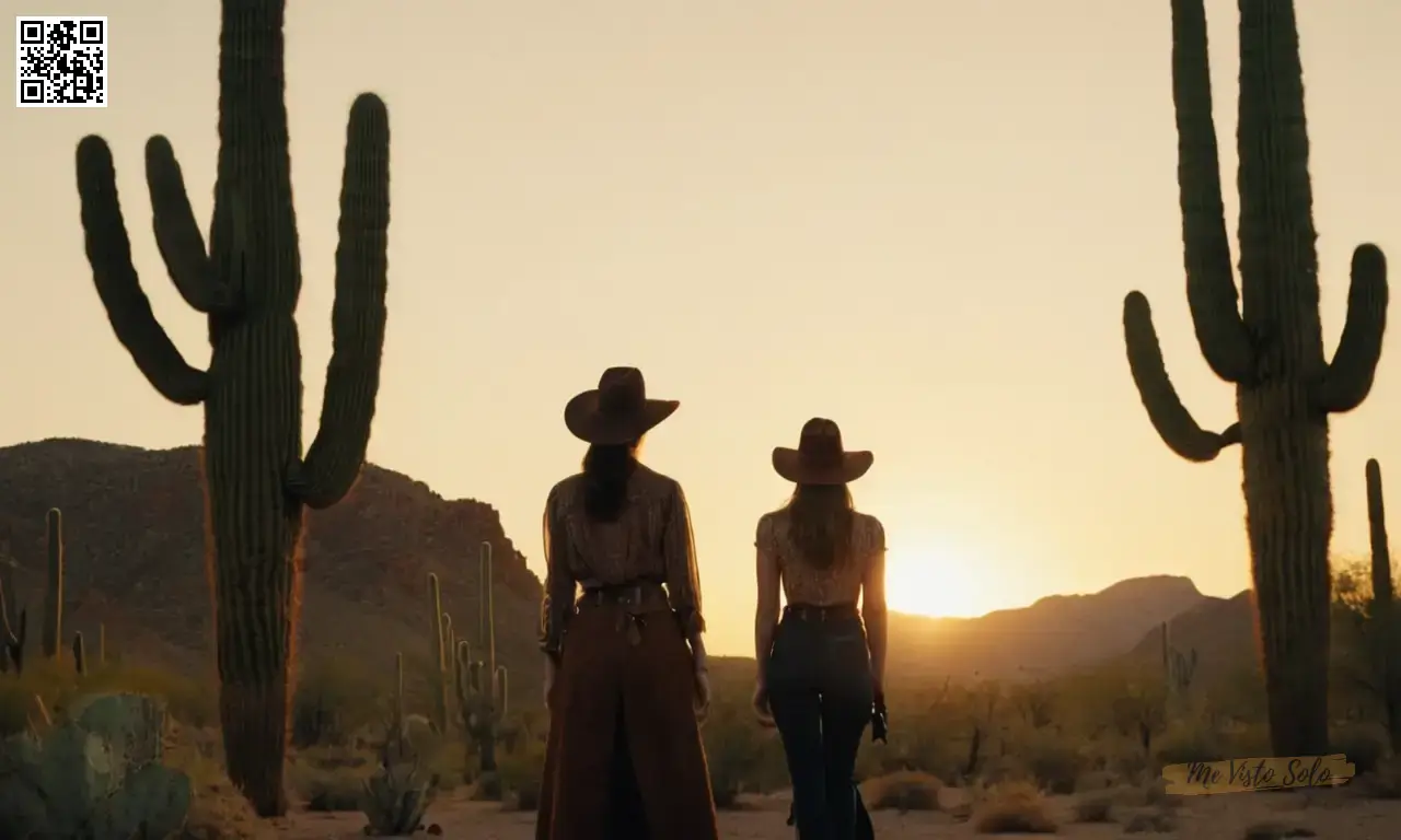 Una cámara de cine captura un cielo de puesta de sol sereno con cactus imponentes, iluminando un viajero solitario en su clásico atuendo occidental.