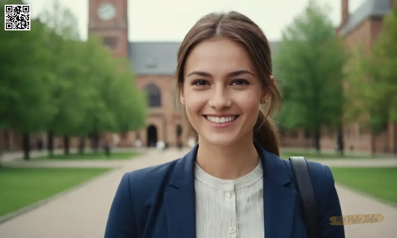 Un retrato visualmente llamativo de una persona feliz con traje de oficina casual con una sutil sonrisa, de pie con confianza cerca de un campus universitario.