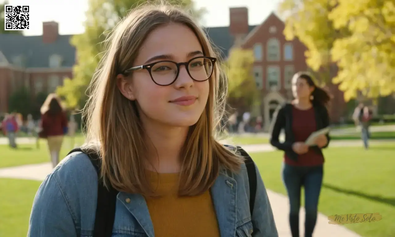 Una joven donando gafas y abrazando elegancia casual navega sin esfuerzo a través del campus universitario.