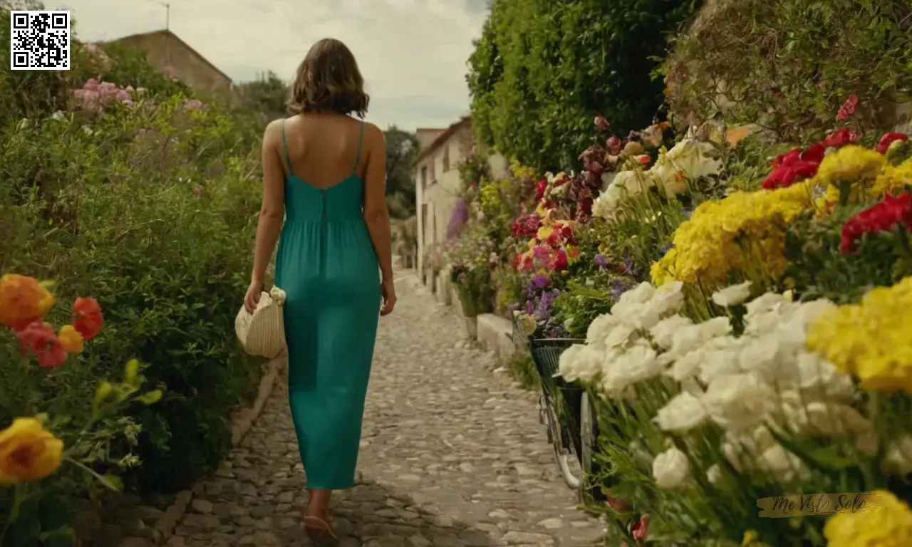 En visionario colorismo y moda, una joven camina con ropa vistosa en una calle llena de vida y flores.