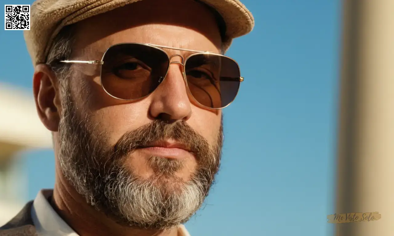 Un hombre de mediana edad en un atuendo casual y elegante se fotografía con gafas de sol y un sombrero durante un día cálido de sol, mostrando su barba bien cuidada en detalle cercano con iluminación sutil acentuando contornos faciales únicos.