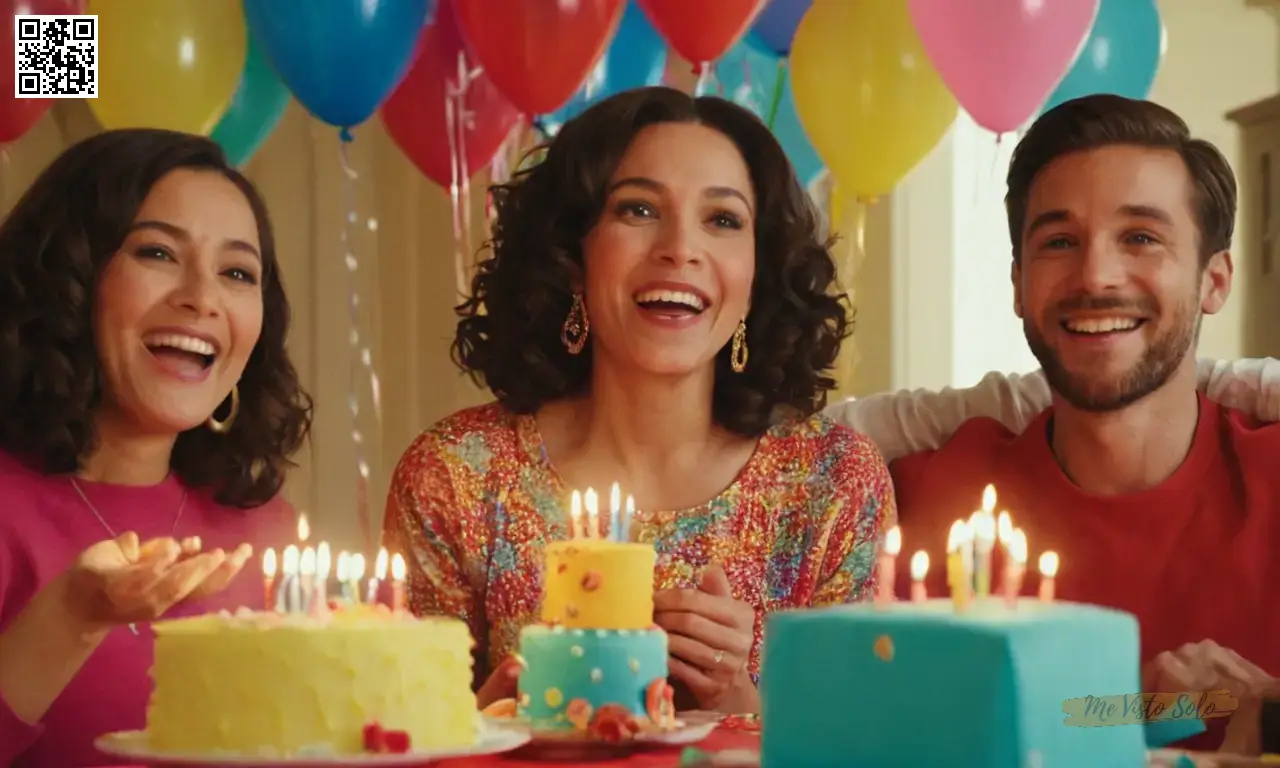 Una mujer alegre celebra su cumpleaños con la familia en ropa colorida y cálidas sonrisas como si estuviera lista para una aventura.