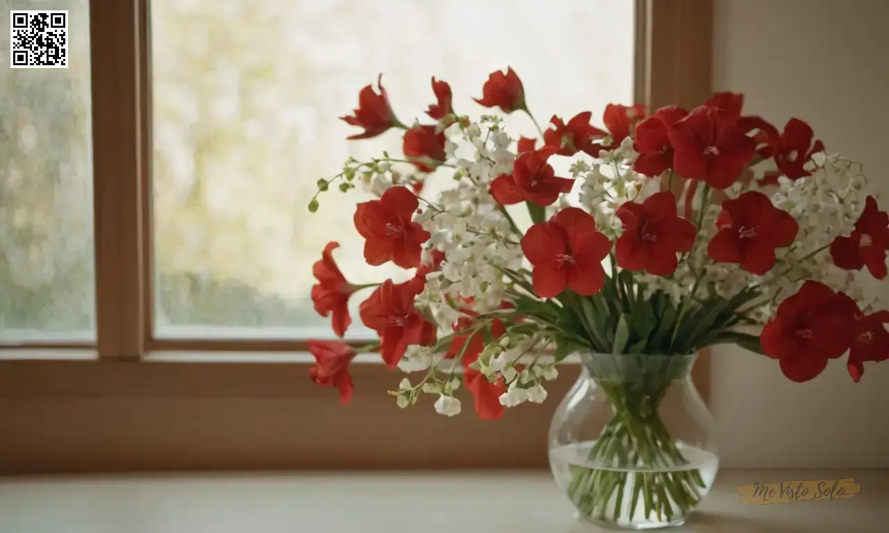 Captura un retrato vibrante de amaryllises belleza etérea con flores rojas y blancas mesmerizantes en plena floración iluminada por la cálida luz del sol fluyendo a través de ventanas.