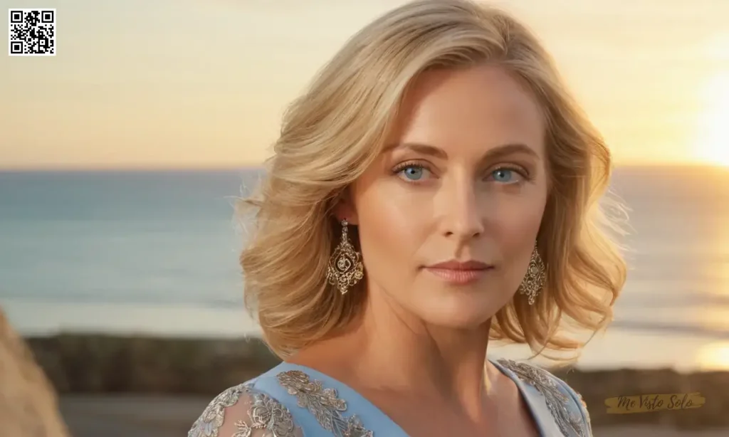 Capturar una fotografía de retrato fotorrealista mostrando a una mujer elegante a principios de los años cuarenta con ojos azules suaves y pelo dorado de longitud de hombro adornado por delicado filigrana de plata