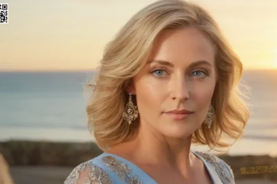 Capturar una fotografía de retrato fotorrealista mostrando a una mujer elegante a principios de los años cuarenta con ojos azules suaves y pelo dorado de longitud de hombro adornado por delicado filigrana de plata