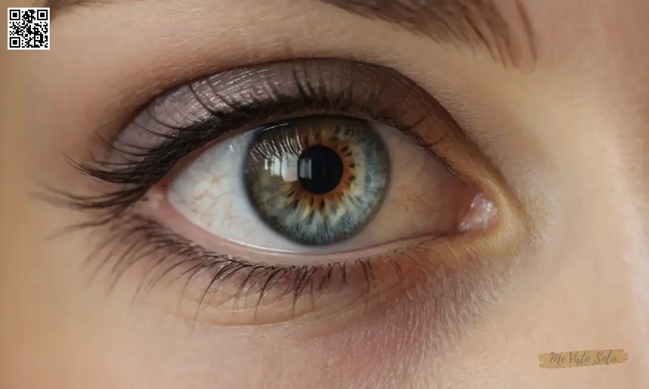 Un retrato digital muestra a una mujer elegante ojo de cerca con tela translúcida mezclando perfectamente con sus iris, evocando serenidad aún intriga.