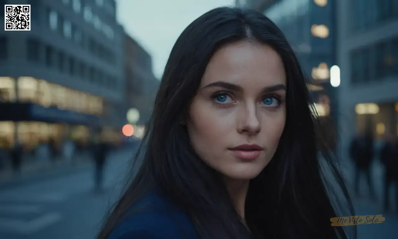 Una mujer elegante con pelo oscuro largo y ojos azules profundos en una calle moderna de la ciudad al atardecer.