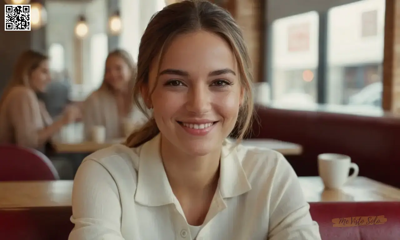 Un retrato de cerca representa a una mujer del sur de Europa con ropa de calle moderna con detalles personalizados, mostrando su sutil sonrisa y cálidas líneas de sonrisa mientras se sienta en una cafetería íntima.