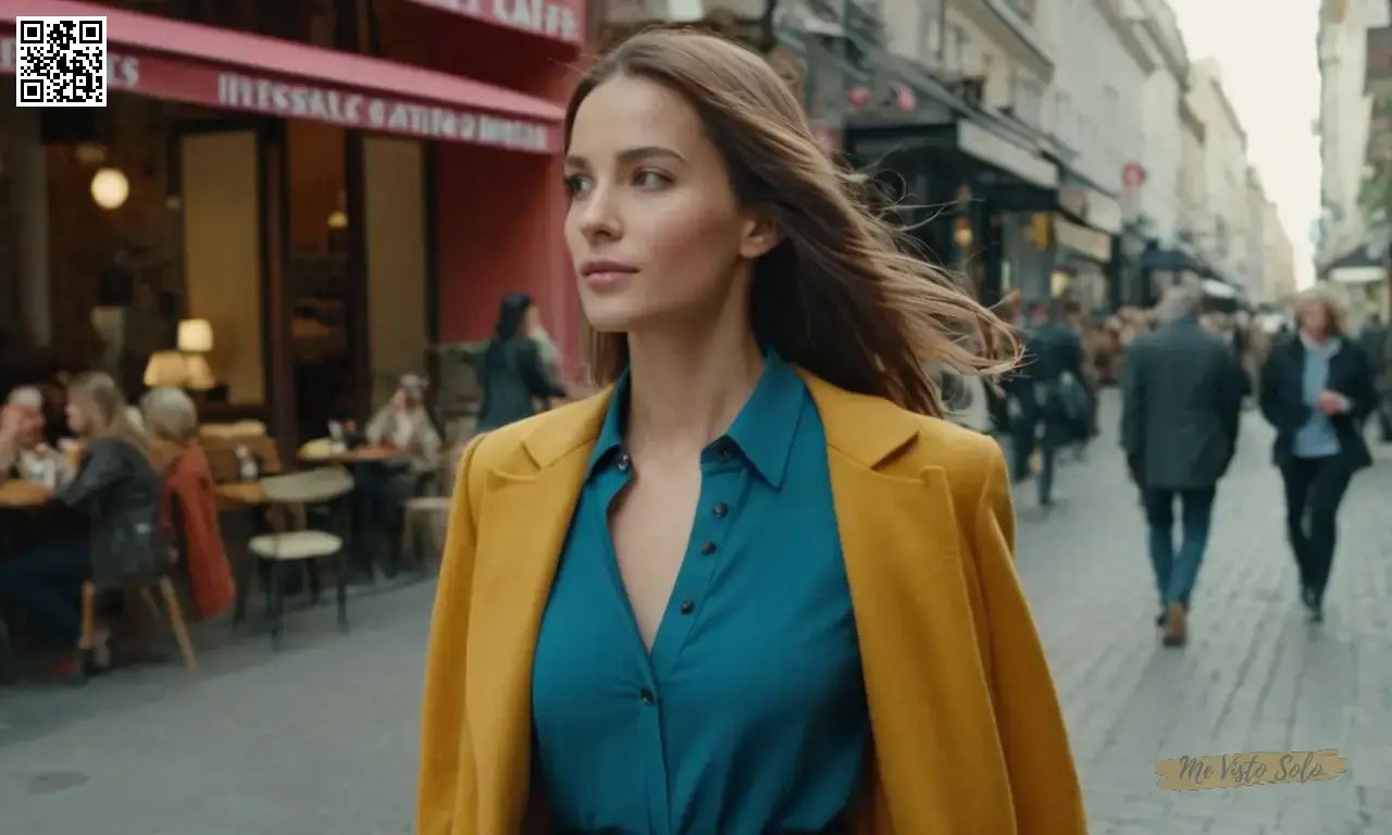 Un traje bien coordinado con colores y texturas armoniosos, una mujer segura caminando en una bulliciosa calle de la ciudad hacia un acogedor café.