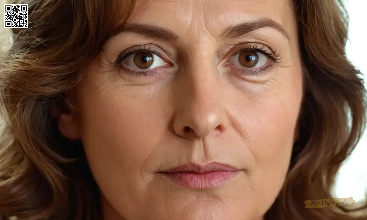 Un retrato de una mujer de mediana edad con ojos oscuros y pelo castaño ondulado, mostrando sus características faciales únicas en todos los lados para una mirada de nivel ocular, evocando tanto la intimidad como el misterio.