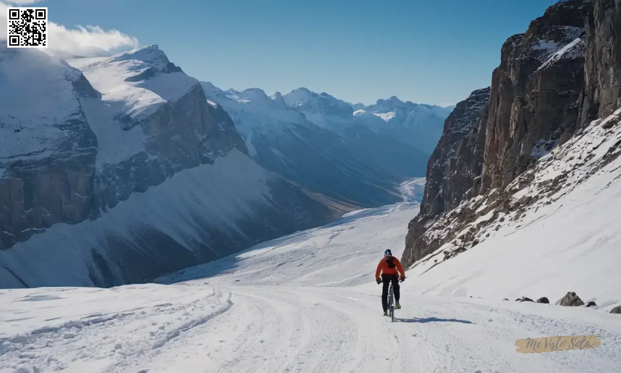 Una imagen de alta definición muestra un paso avanzado de montaña en nieve profunda, con un ciclo de descenso emocionante y una figura solitaria a pie que atraviesa el terreno accidentado contra un impresionante escenario de acantilados helados y montañas cubiertas de nieve.