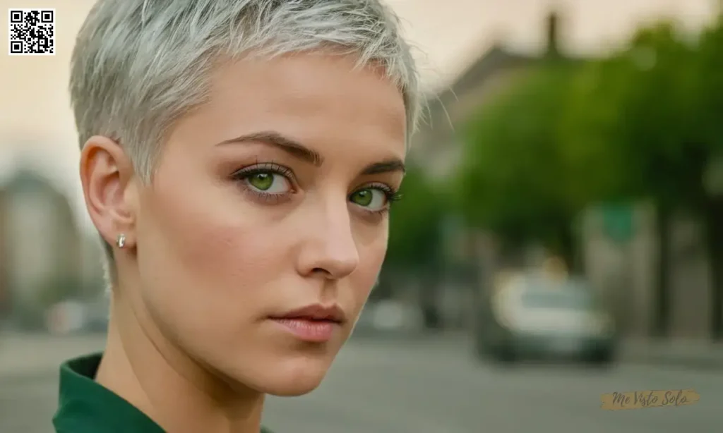 Una fotografía de retrato representa a un individuo con ojos verdes cautivantes y pelo corto de plata