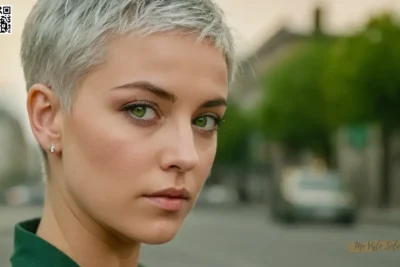 Una fotografía de retrato representa a un individuo con ojos verdes cautivantes y pelo corto de plata